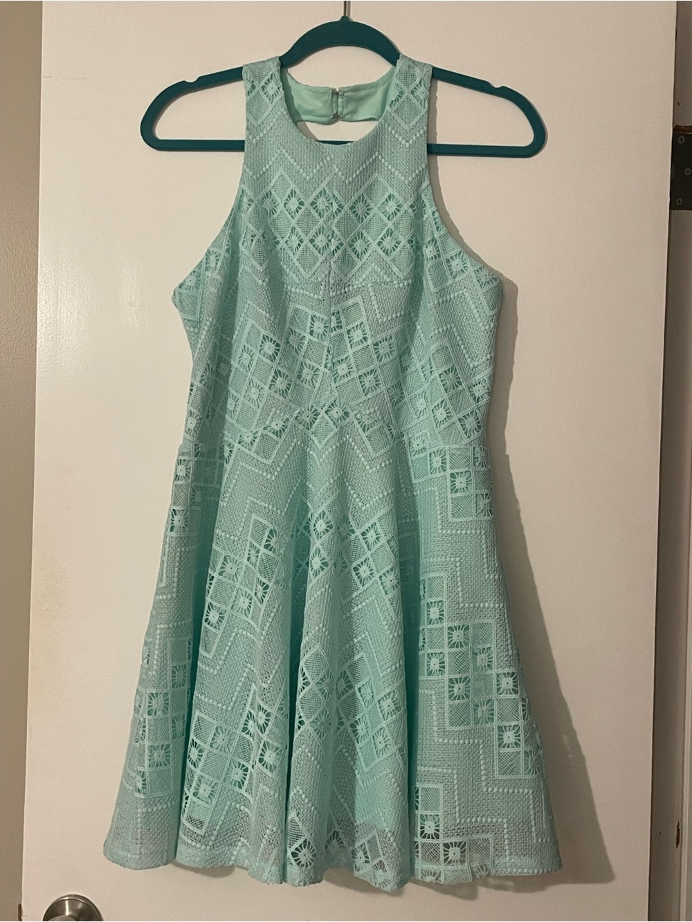 LuLu*s Mint Crochet Lace Open Back Fit & Flare Dress L
